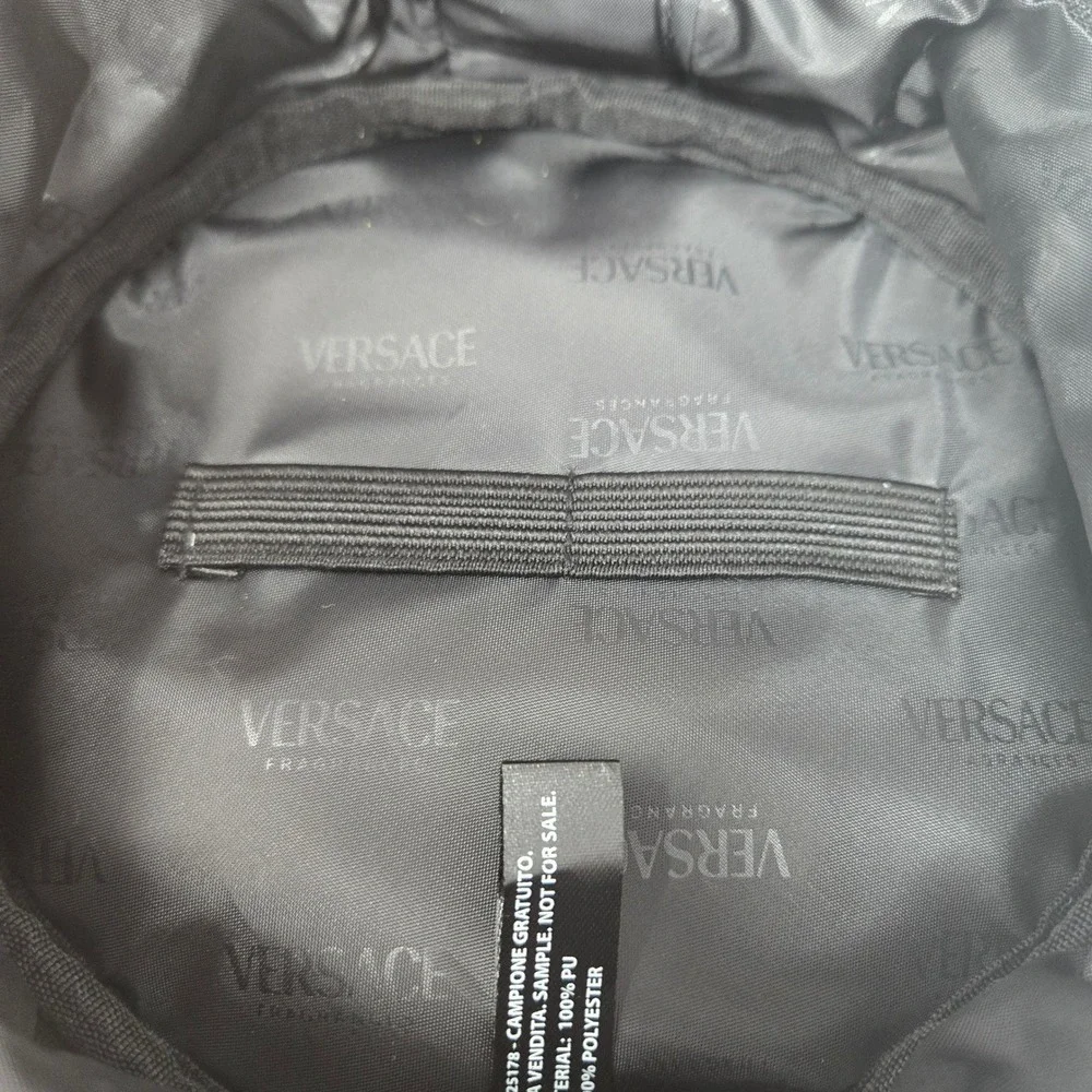 Versace Fragrances Black Round Vanity Cosmetic Case Gold Logo Mirror Travel Bag